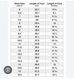 Shoe size chart displaying US,U.K,EU and CM Meaurements for men
