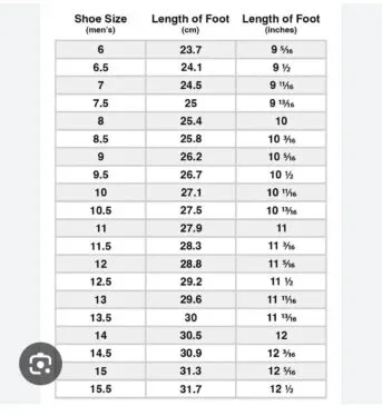 Shoe size chart displaying US,U.K,EU and CM Meaurements for men