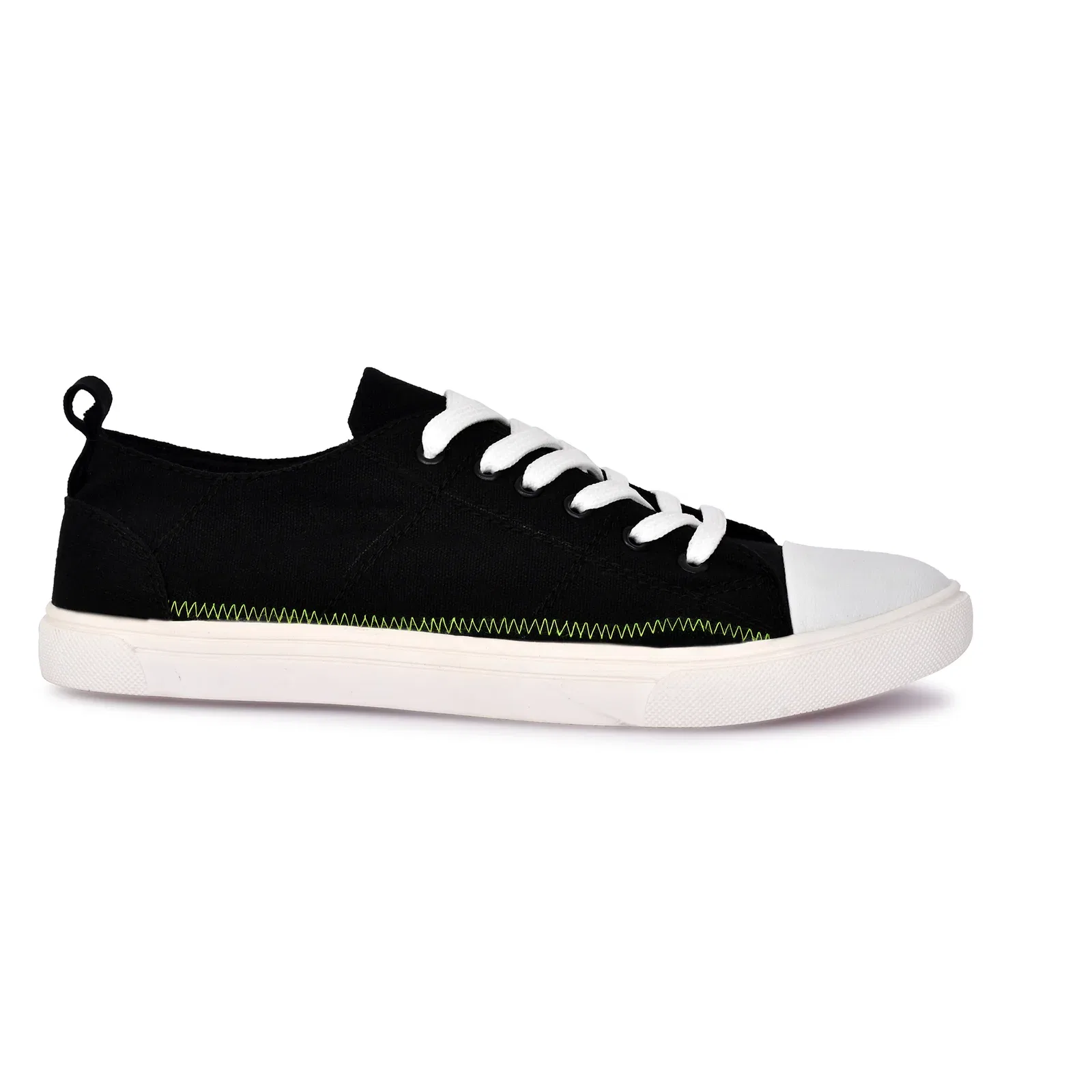 Classic black canvas sneakers for men with a stylish white rubber toe cap and lace-up design. These lightweight and durable shoes offer all-day comfort, making them a perfect choice for casual wear and everyday style.