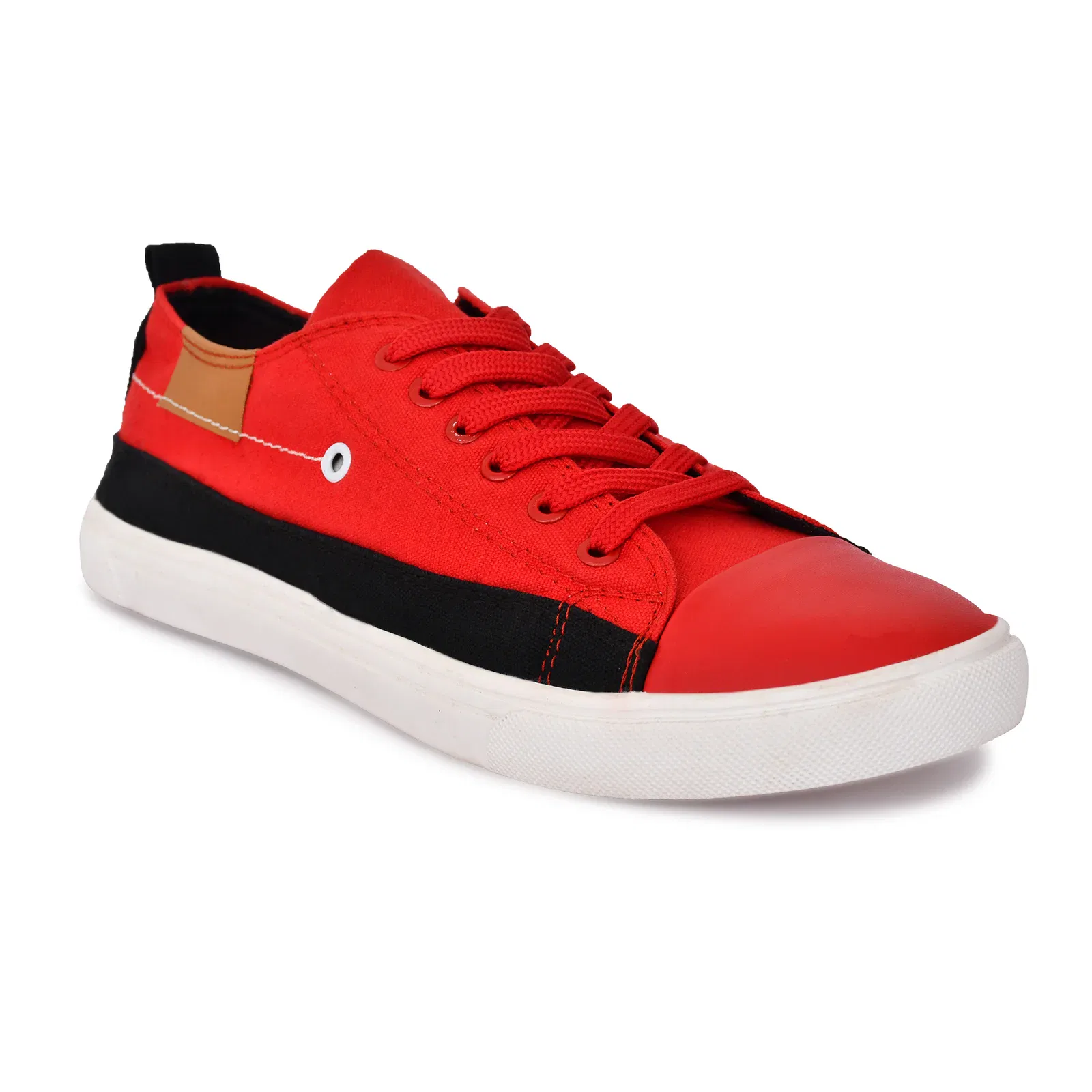 Cheap Canvas Shoes for Men – 4 Stylish Two-Tone Casual Shoes for Comfort and Versatility 5 Stylish Red and black canvas sneaker with a sleek design and white Rubber sole, perfect for casual and cute looks.