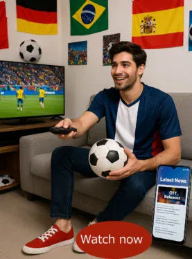 A young man wearing canvas shoes, watching the World Cup and reading the latest news updates.