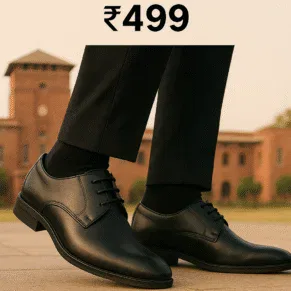 Black synthetic formal shoes for men deals under 499 featuring a polished finish, lace-up design, durable sole, and budget-friendly comfort ideal for short office use and light daily wear