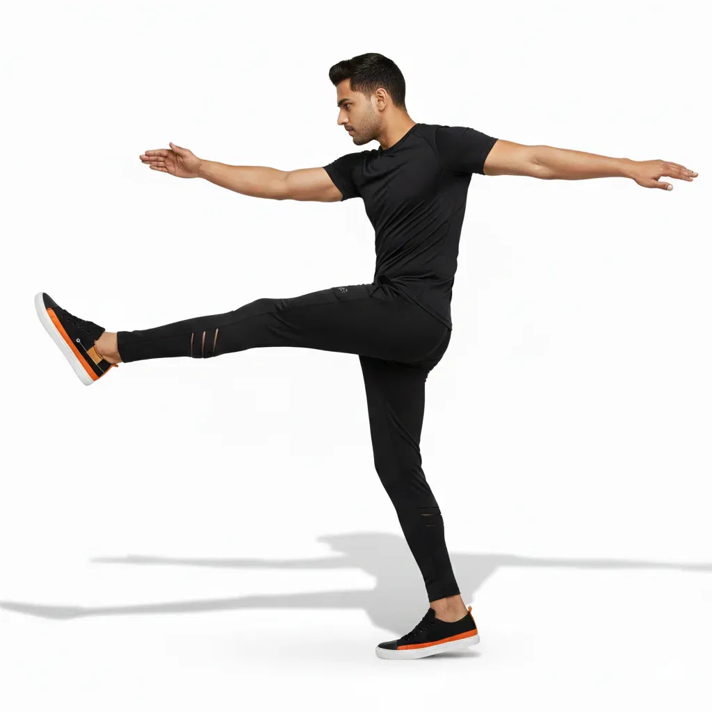 Man performing a leg swing wearing Bebuddy canvas shoes in black, designed for comfort, balance, and everyday movement for men | focusonstyle.in