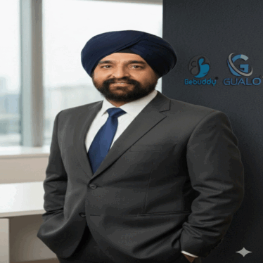 Gurpreet Singh Ahuja standing confidently beside Bebuddy and Gualo logos, representing strong authority in the footwear industry