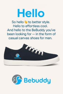 Canvas shoe with tagline "hello to better style" on a clean, minimal background featuring the BeBuddy logo.